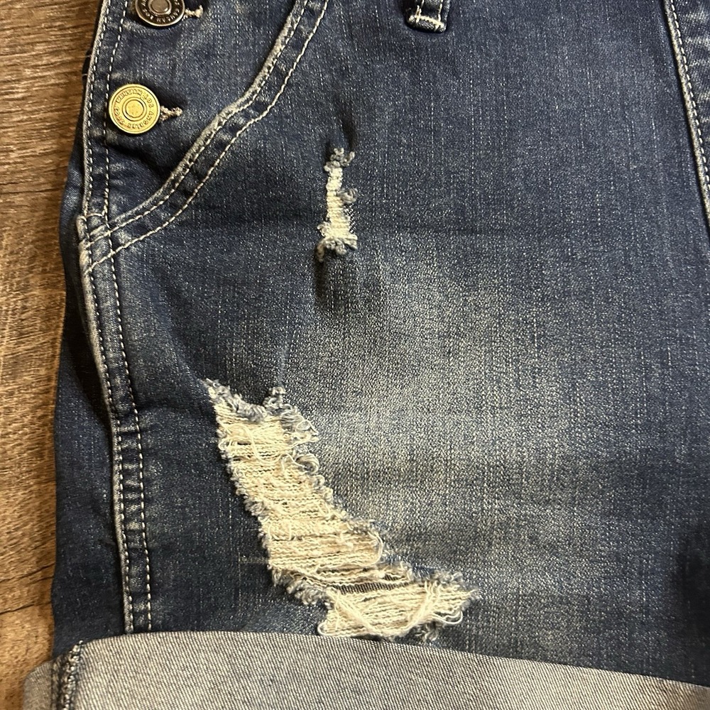 KanCan Women's Sz M Blue Denim Distressed Overall Shorts Romper Stretch Pockets - Picture 7 of 14